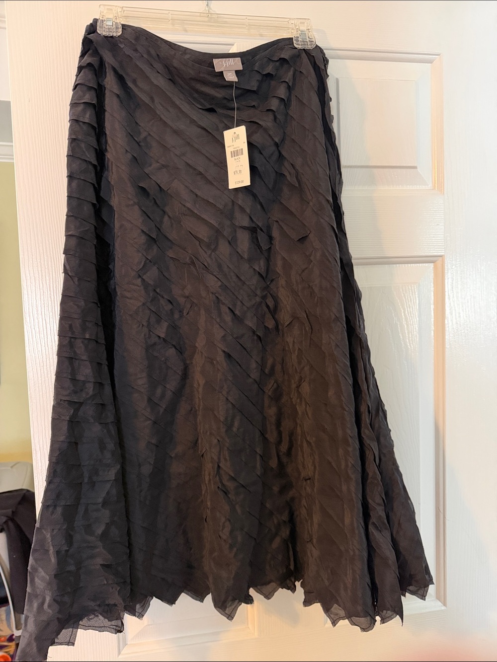 J. Jill Black A-Line Silk and Nylon Skirt with Diagonal Layered Ruffles